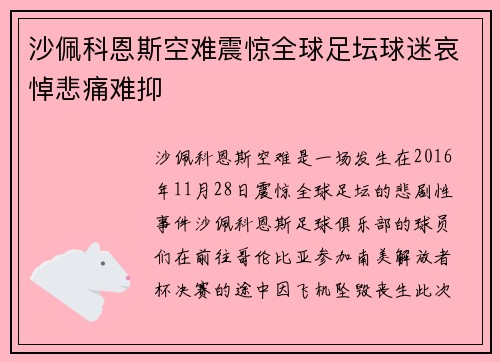 沙佩科恩斯空难震惊全球足坛球迷哀悼悲痛难抑